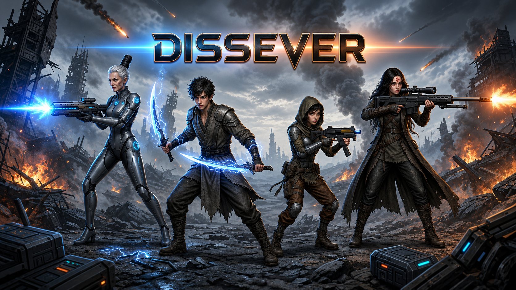 Dissever: The Unbound — four rebels stand armed in a burning, ruined city-state beneath a storm sky, the DISSEVER wordmark blazing above them